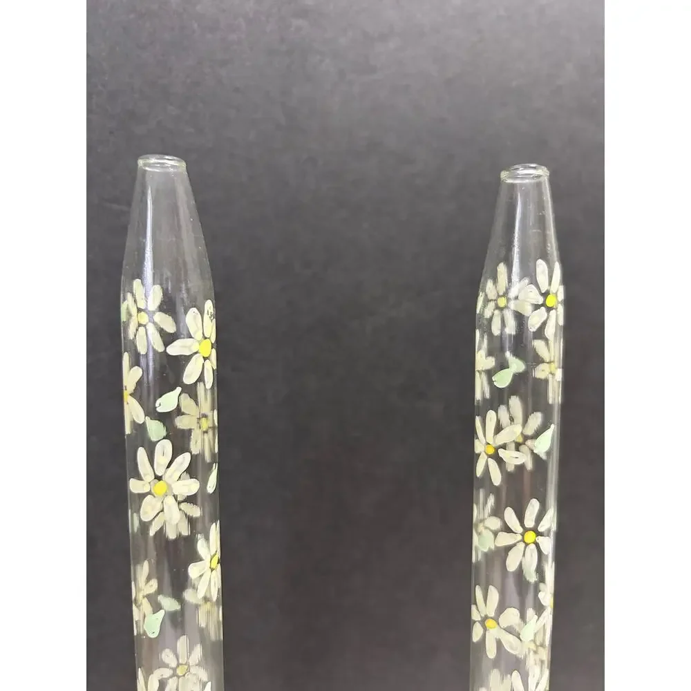Glass‎ Oil Lamp Candles Handpainted Daisies With Glass Candlesticks